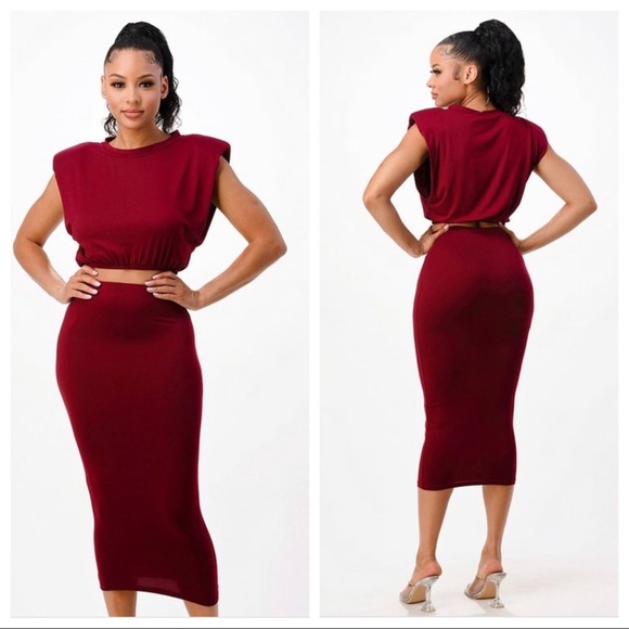 NEW TRENDY BURGUNDY TWO PIECE SHOULDER PAD CROP TOP SHIRT MIDI CALF SKIRT SET - Picture 1 of 4